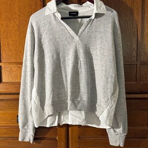 EUC Monroe Poplin Collar Pullover Sweatshirt Mixed Media Layered Look Two-fer